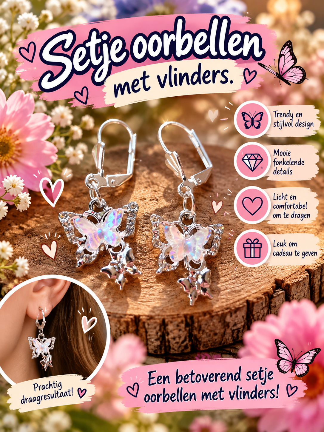 Setje oorbellen met vlinders.