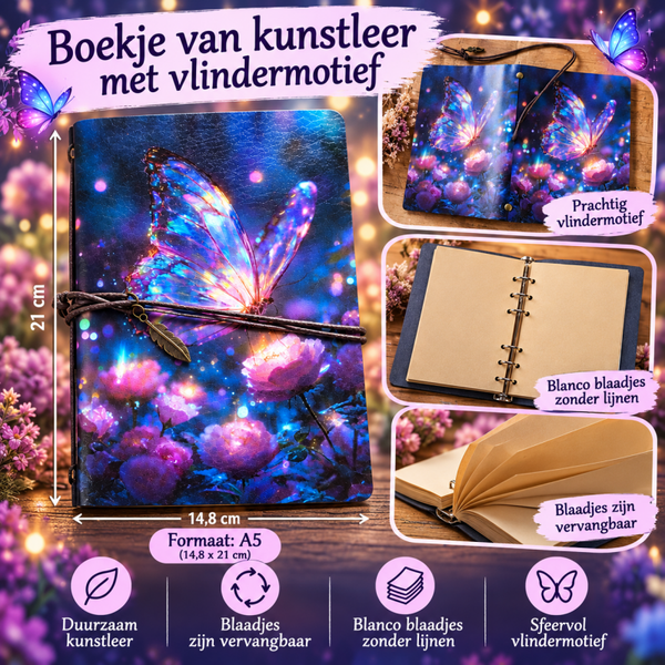 Boekje van kunstleer met vlindermotief.