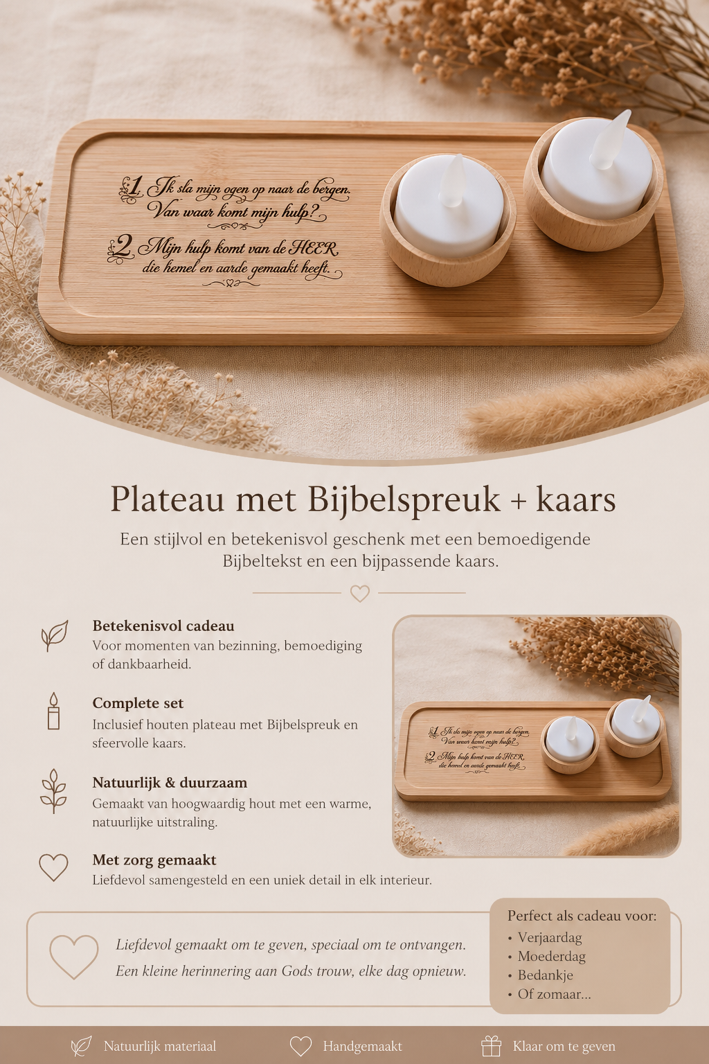 Plateau met Bijbelspreuk + kaars.