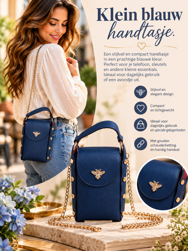 Klein blauw handtasje.