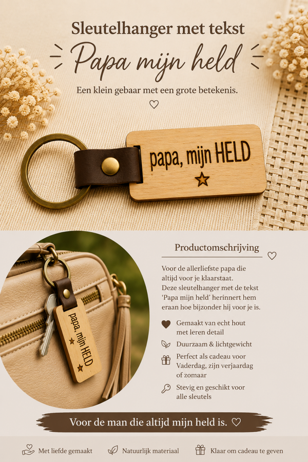 Sleutelhanger met tekst: Papa mijn HELD.