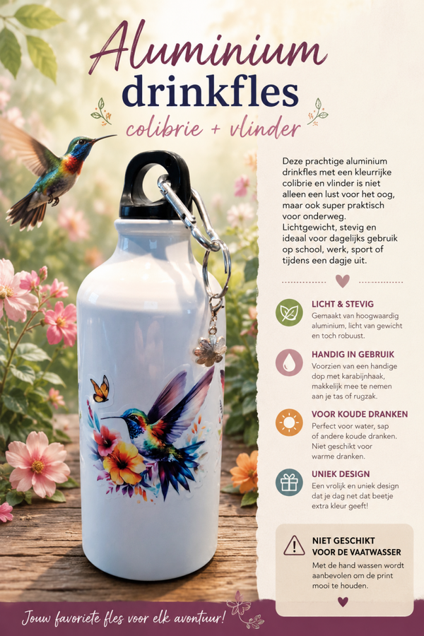 Aluminium drinkfles colibrie + vlinder.