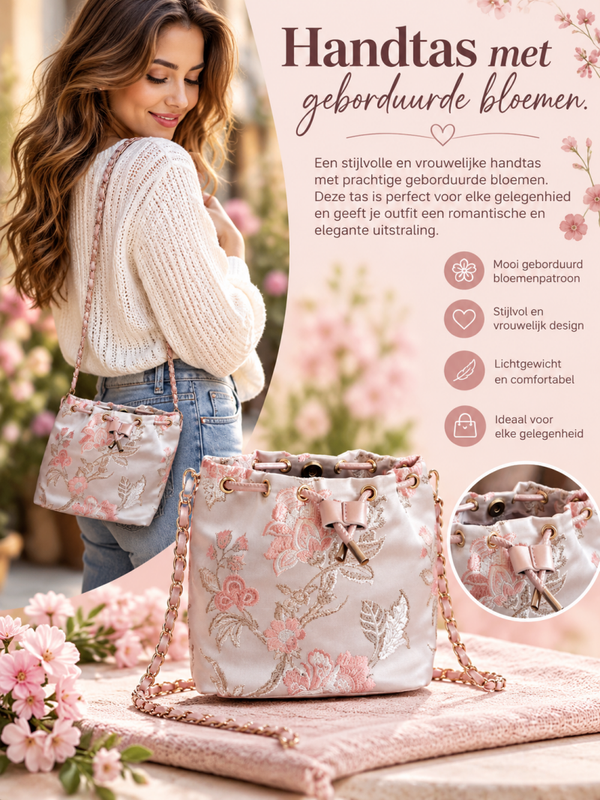 Handtas met geborduurde bloemen.