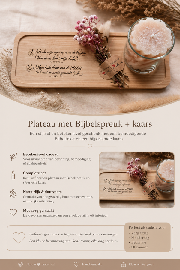 Plateau met Bijbeltekst en kaars.