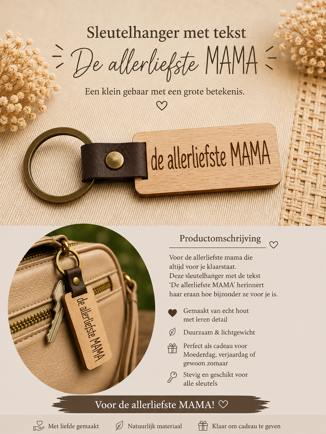 Sleutelhanger met tekst: De allerliefste MAMA.