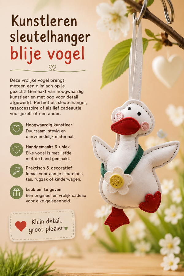 Kunstleren sleutelhanger blije vogel.