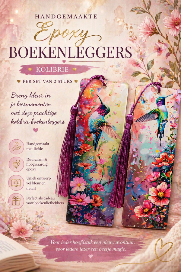 Hand-gemaakte Epoxy boekenleggers. Afbeelding: Kolibrie.  ( set van 2 )