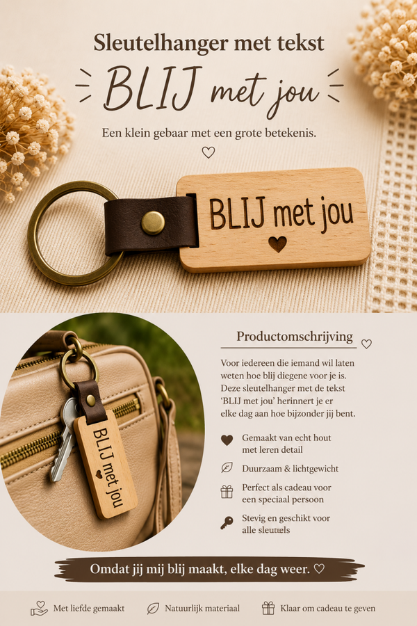 Sleutelhanger met tekst: BLIJ met jou.