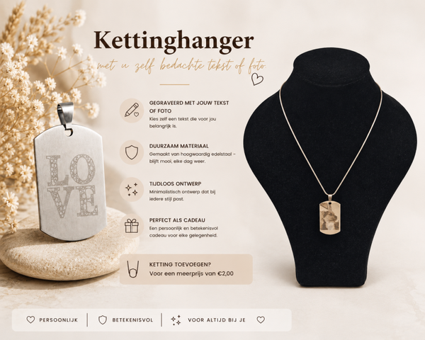 Kettinghanger met u zelf bedachte tekst of foto.