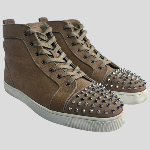 Christian Louboutin Orlato Flat Nabuck Soft Calf Leather High-Top Brown Silver Spikes