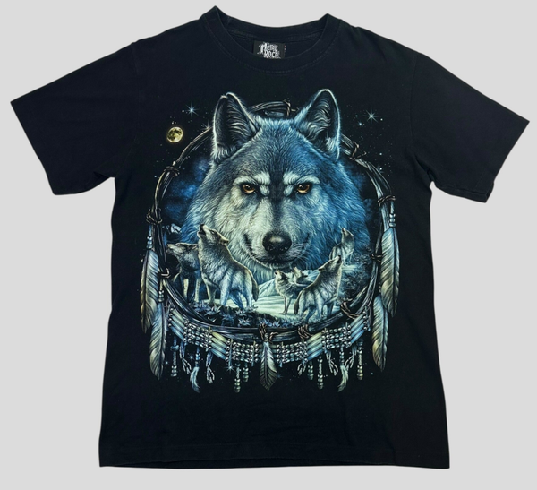 Vintage Wolf Collectors Item Dream Catcher Double Sided Graphic T-shirt Black