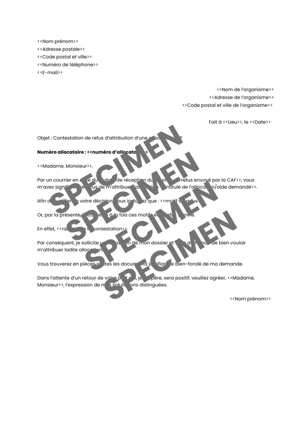Lettre de contestation de refus d'attribution d'une allocation CAF