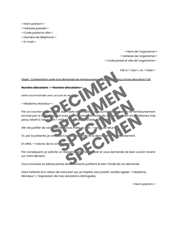 Lettre de contestation suite à la demande de remboursement d'un trop perçu d'une allocation CAF