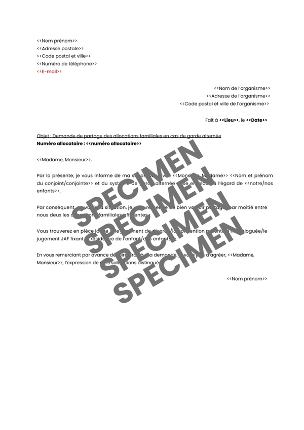 Lettre de demande de partage des allocations familiales en cas de garde alternée : garde alternée simplifiée !