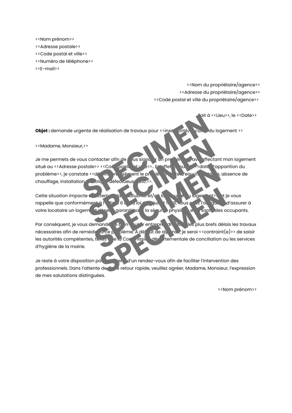 Lettre de demande de réalisation de travaux pour insalubrité ou sécurité du logement