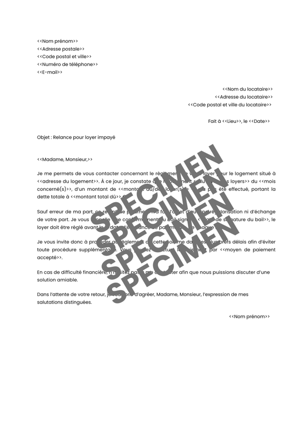 Lettre de relance pour loyer impayé