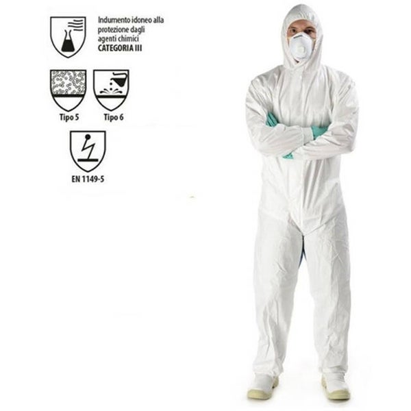 Tuta da lavoro monouso protezione classe 5/6 in polipropilene colore bianco