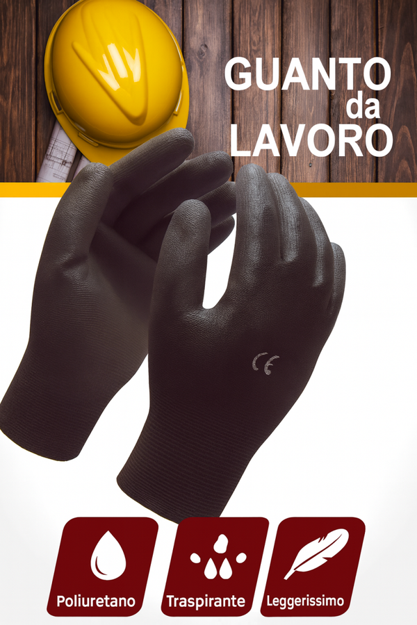 12 paia guanti da lavoro neri in poliuretano