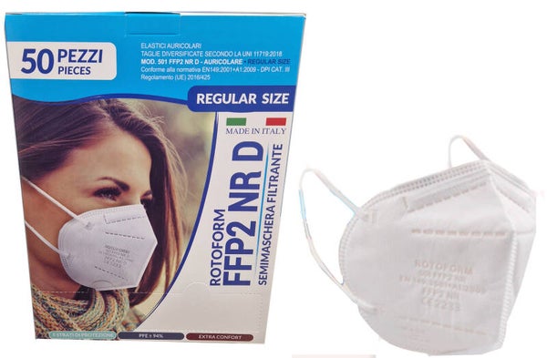 50 Mascherine FFP2 NR D ROTOFORM con elastici per le orecchie, certificate made in italy