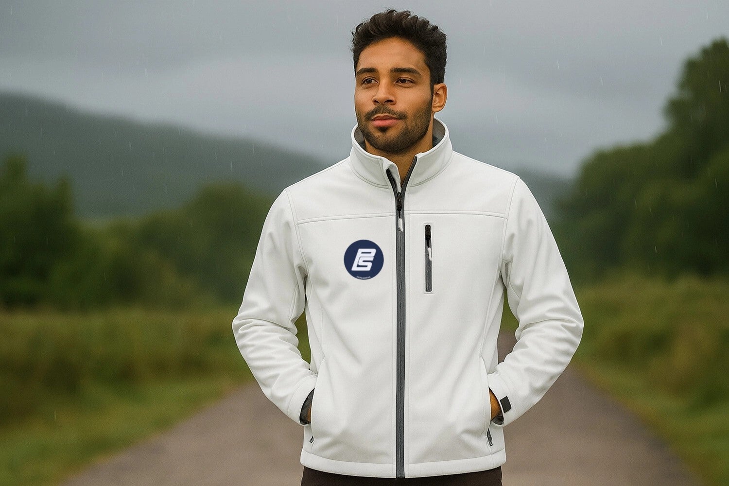 Hvit softshell jakke med logo