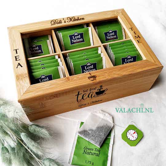 Houten theedoos naar wens gegraveerd / gepersonaliseerd