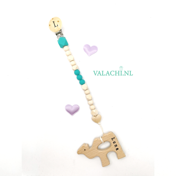 KRAAMCADEAU Gepersonaliseerde speenkoord met naam houten figuur bijtring BOY/GIRL