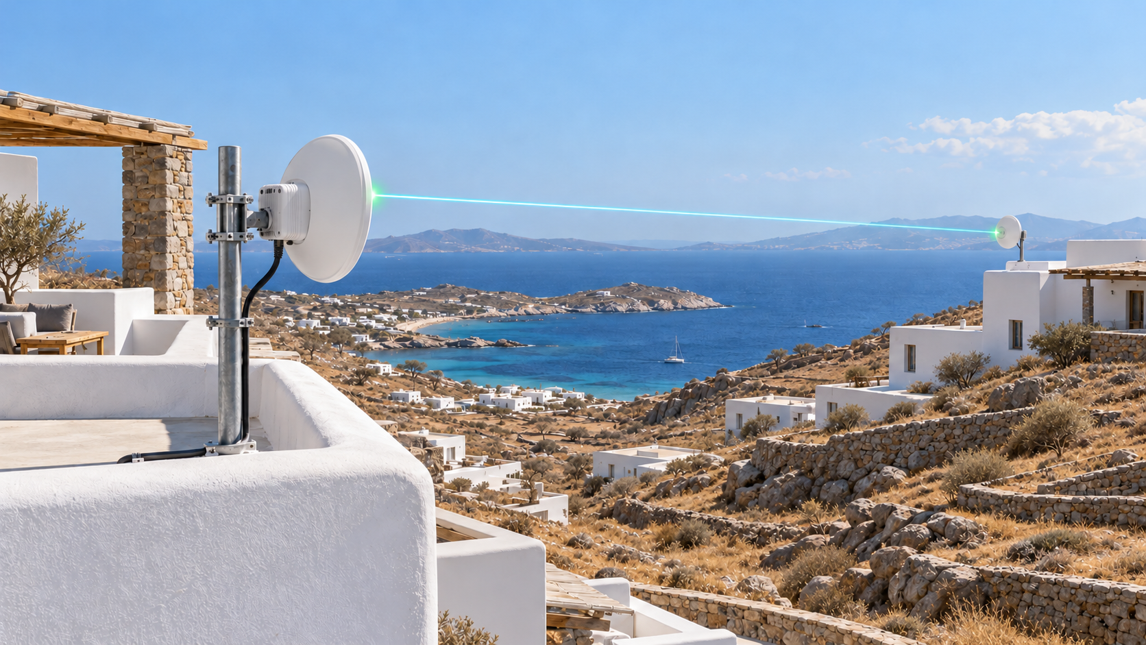 Ενδεικτική απεικόνιση σύνδεσης point-to-point σε ξηρό κυκλαδίτικο τοπίο
