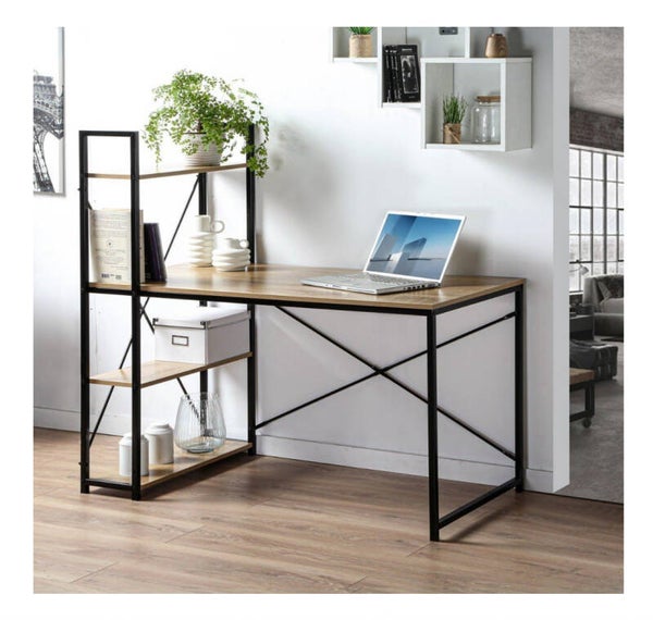 Bureau de Travail avec Étagères - Bois et Métal - Poste de Travail Stable - Étagères de Rangements -