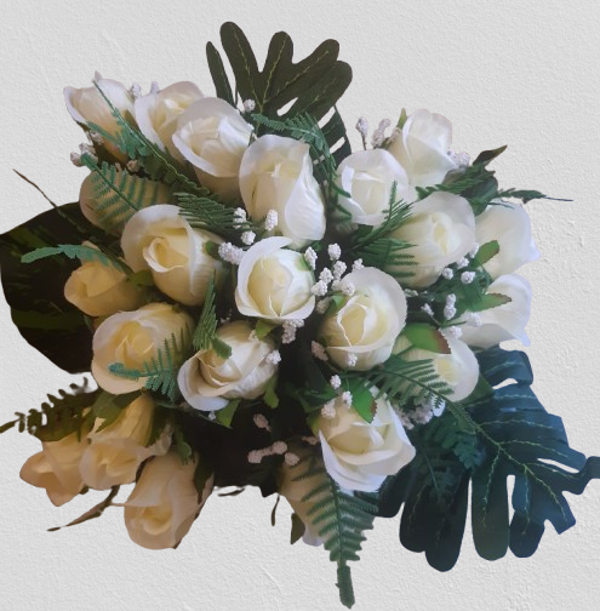 Bukiet róż z liśćmi, 35 cm, biały, kod: 092509