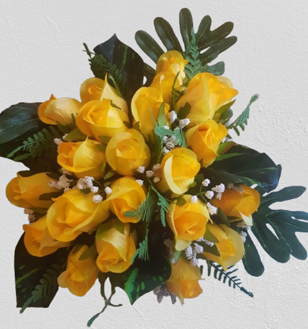 Bukiet róż z liśćmi, 35 cm, żółty, kod: 092509