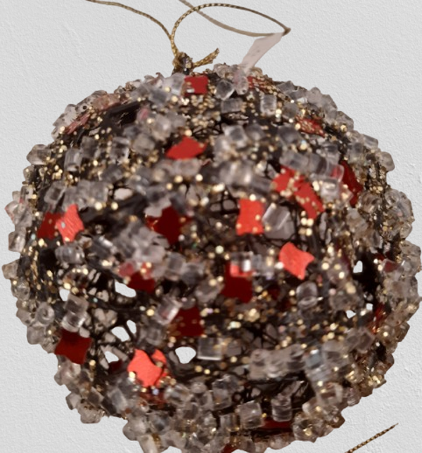 Bombka ażurowa z brokatem i kryształkami lodu, 12 sztuk, czarno-czerwona  kod: 5002