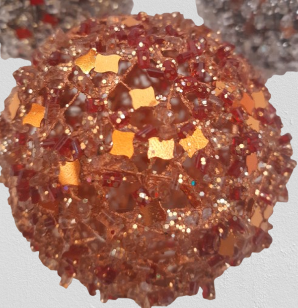 Bombka ażurowa z brokatem i kryształkami lodu,  12 sztuk, rudy, kod: 5002