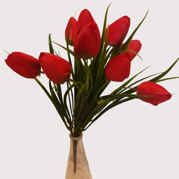 Tulipan – bukiet z trawą 9 kwiatów 35 cm, czerwony, kod: 2203