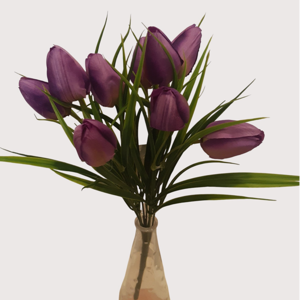 Tulipan – bukiet z trawą 9 kwiatów 35 cm, fioletowy, kod: 2203