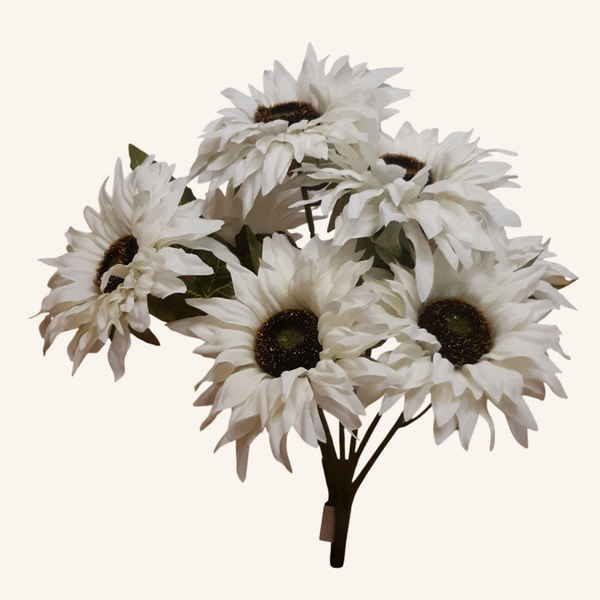 Słonecznik – bukiet 7 kwiatów z liśćmi 48 cm, biały, kod: 91715