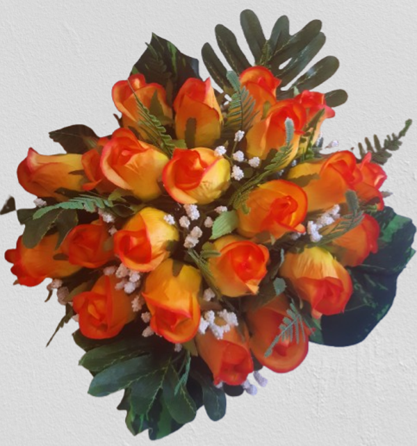 Bukiet róż z liśćmi, 35 cm, pomarańcz, kod: 092509