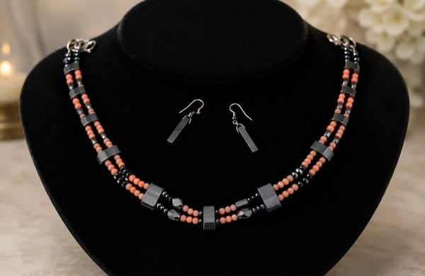 Coral Hematite Jewelry Set