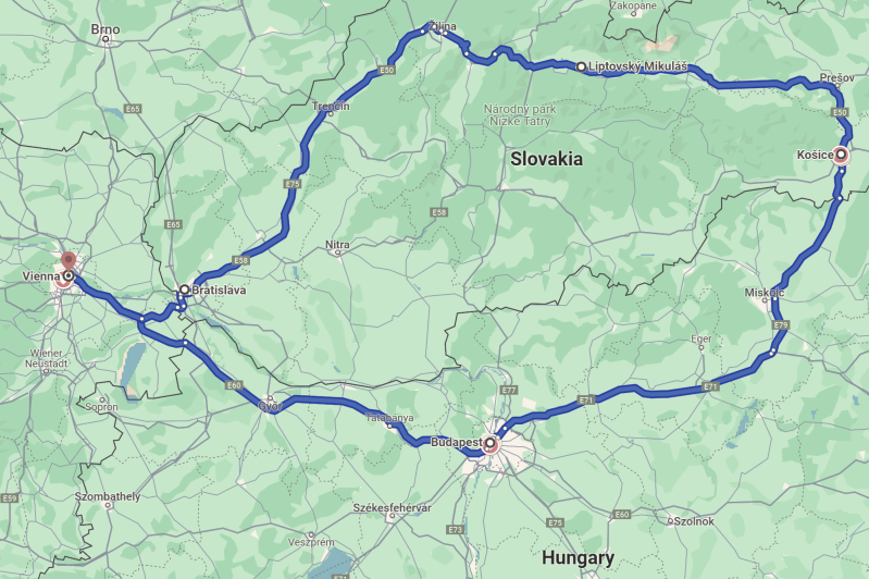 Trip route map through Austria, Hungary, and Slovakia
