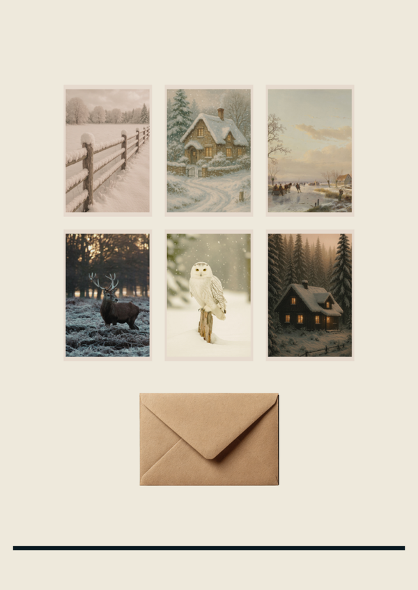 Set van 6 winterkaarten zonder tekst ( incl. envelop kraft )