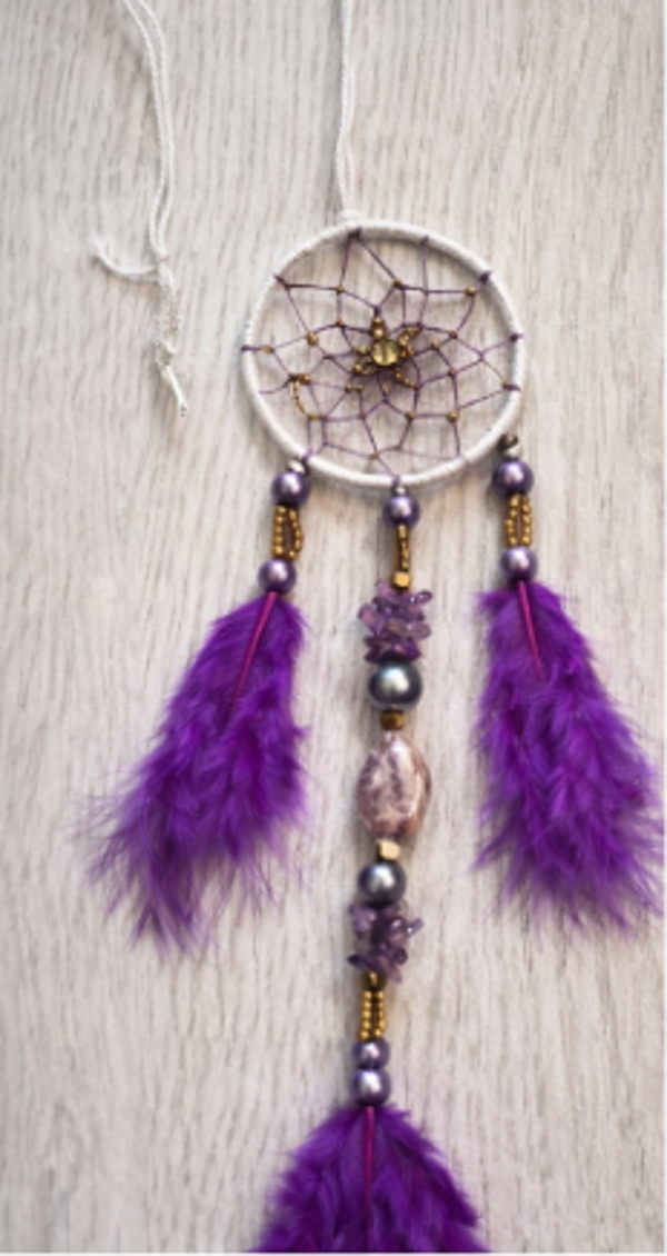 Attrape-rêves bohème violet – améthyste et plumes naturelles