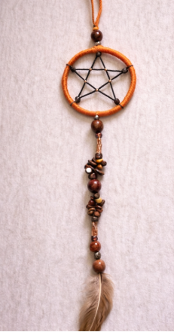 Pendule œil de tigre – plumes de faisan et bois de rose
