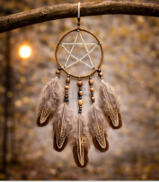 Attrape-rêves pentacle – plumes de faisan et bois de noyer