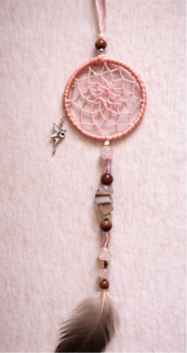 Pendule Fée – quartz rose et plume de grue