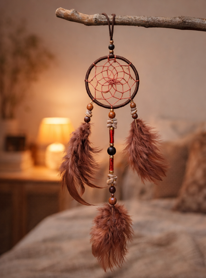 Attrape-rêves artisanal marron & rouge – décoration bohème