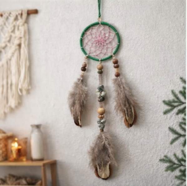 Attrape-rêves bohème fait main – agate arbre et plumes naturelles