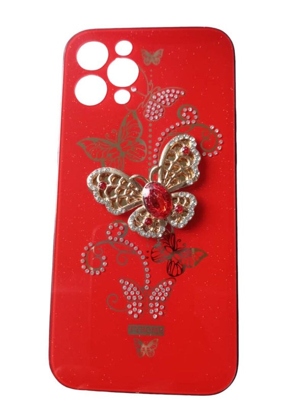 iPhone 12 Pro Coque de protection rouge  avec motif papillons doré pour filles et femmes