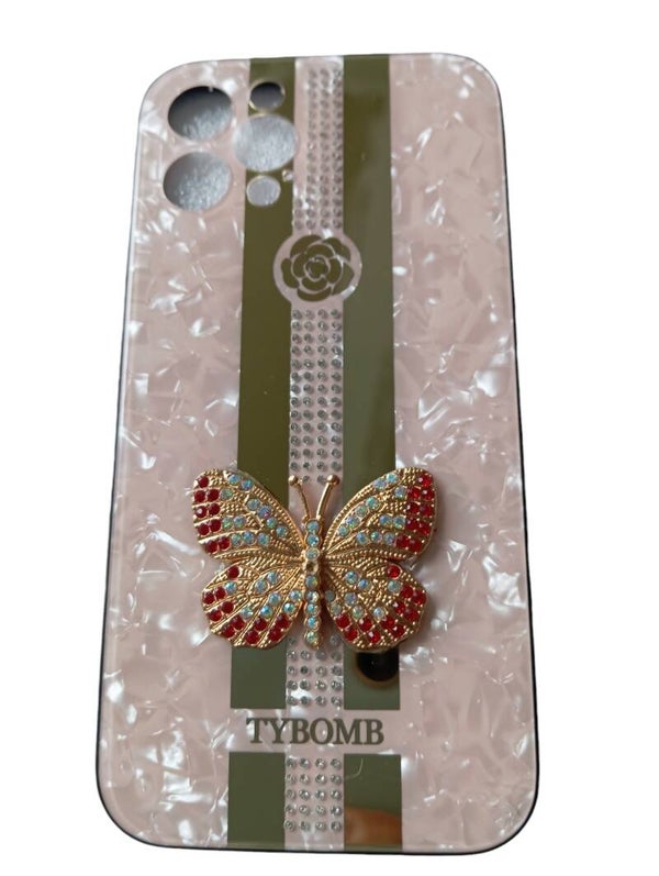 Coque de protection rose claire-iphone 12 pro  avec motif papillons doré ,bande miroir pour filles et femmes