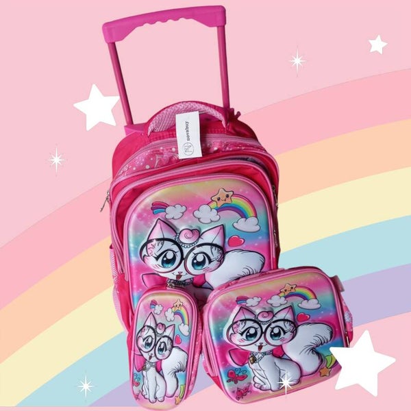 Sac à Dos d'École à Roulettes pour Enfant, Ensemble de 3 Pièces avec Sac à Déjeuner