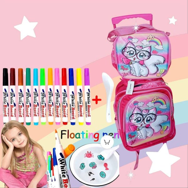 Sac à Dos d'École à Roulettes pour Enfant, Ensemble de 3 Pièces , Sac à Déjeune + trousse crayon+ marqueurs magique gratuit