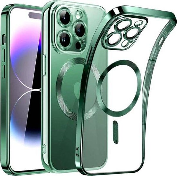 Coque pour iPhone 15 Pro Max avec Cercle Magnétique et Protection Caméra, Coque Rigide Transparent Contour vert